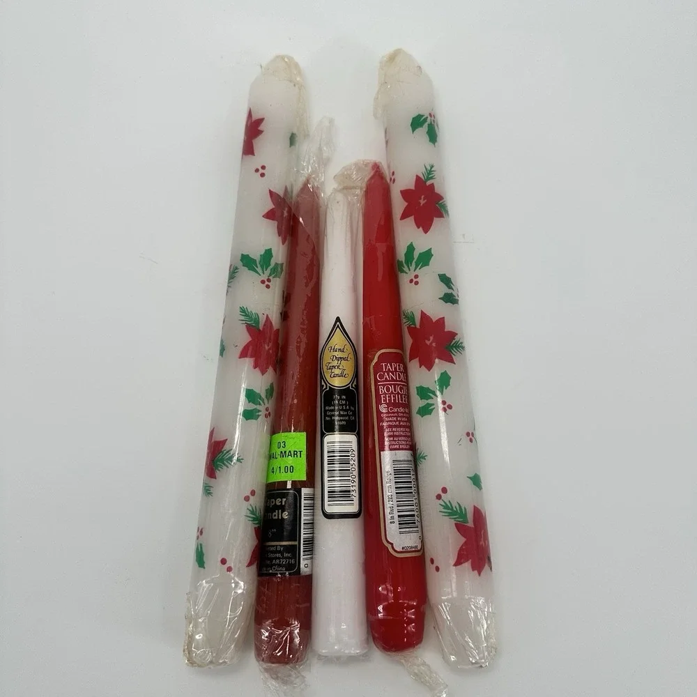 Retro 1980s Christmas Taper Candle Lot Poinsettia Holly Effilee Candle-lite Hand